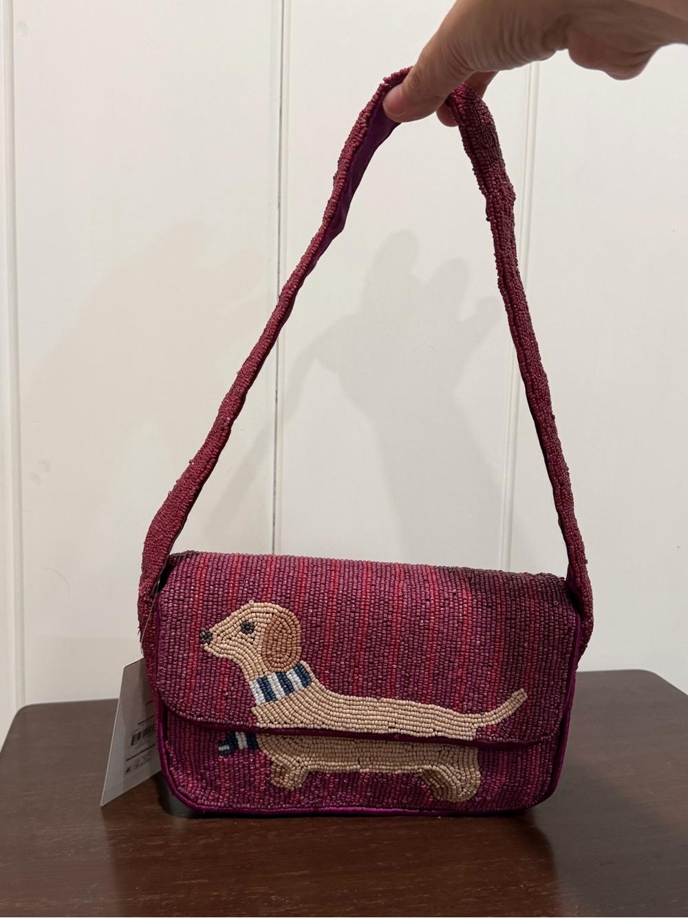 Hand Beaded Burgundy Dachshund Shoulder Bag